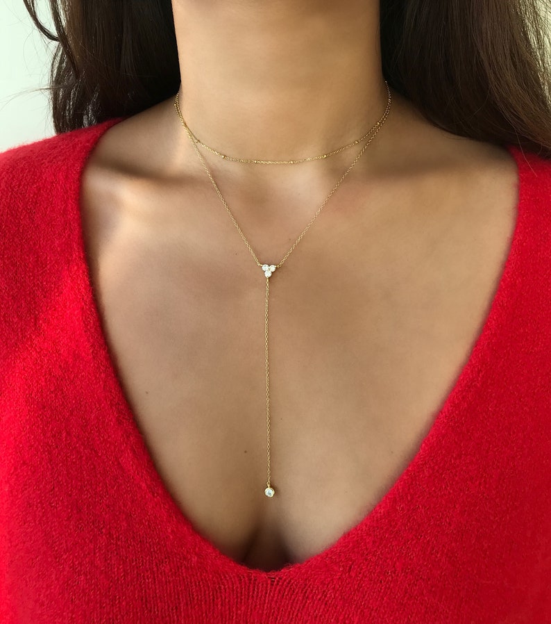 Gold Necklace Set, Gold Long Lariat Necklace, Y Necklace, Cubic Zirconia Lariat Necklace, Bridesmaid Gift, Layering Necklace Choker Set image 3