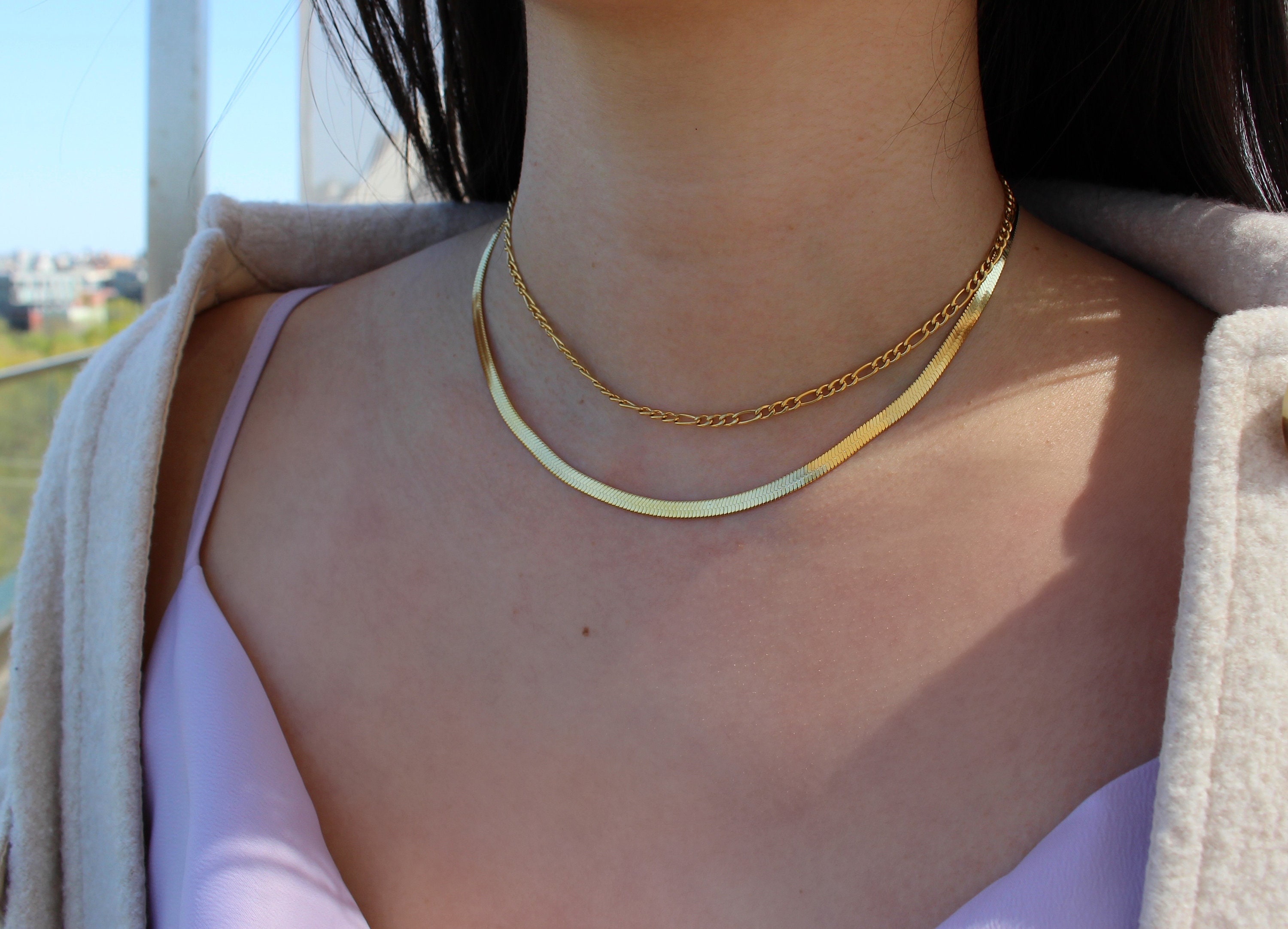 Gold Layering Choker Necklace Set, Gold Chain Necklace Set, Double