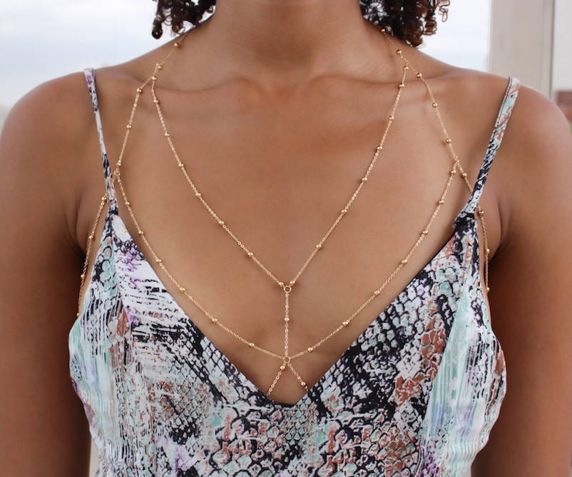 Silver Gold Rhinestone Body Chain Necklace Bra Breast Chest Dangle Harness  NEW