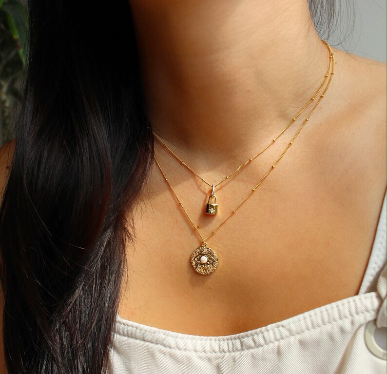Satellite Chain Necklace Gift for Her Gold Coin Necklace Layering Necklace Opal Evil Eye Necklace CZ Necklace Gold Medallion Necklace