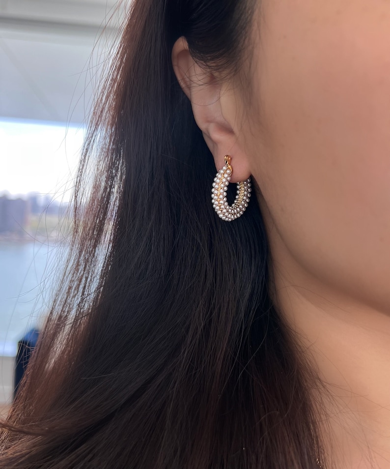 Pave Pearl Hoop Earrings, Gold Pearl Thick Hoops, Statement Hoop Earrings, Wedding Jewelry, Trendy Gold Hoop Earrings, Bridesmaid Gift image 2