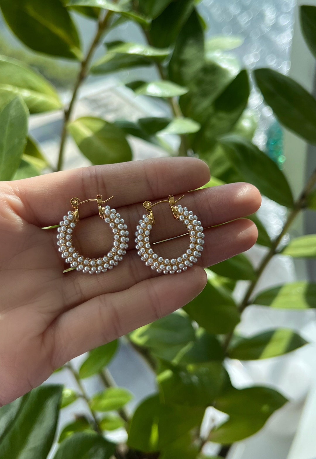 Pave Pearl Hoop Earrings, Gold Pearl Thick Hoops, Statement Hoop