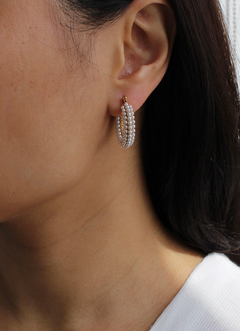 Pave Pearl Hoop Earrings, Gold Pearl Thick Hoops, Statement Hoop Earrings, Wedding Jewelry, Trendy Gold Hoop Earrings, Bridesmaid Gift image 4