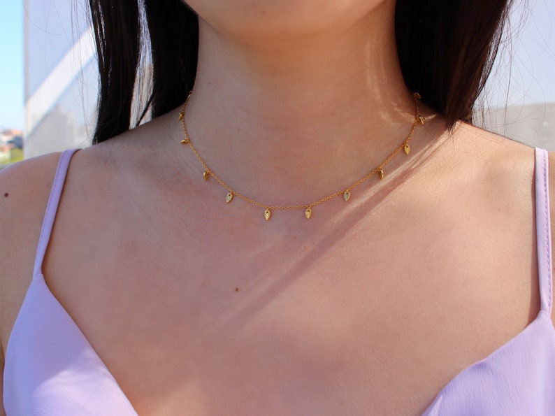 Dainty Gold Choker, Gold Leaf Dangle Choker, Choker Necklace, Gold Vermeil Dainty Choker, Dainty Drop Choker, Gift For Her, Bridesmaid Gift image 2