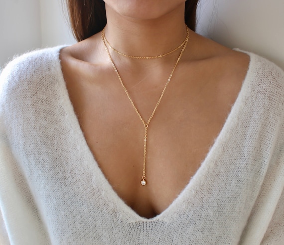 Gold Necklace Set / Gold Long Lariat Necklace / Y Necklace / Cubic