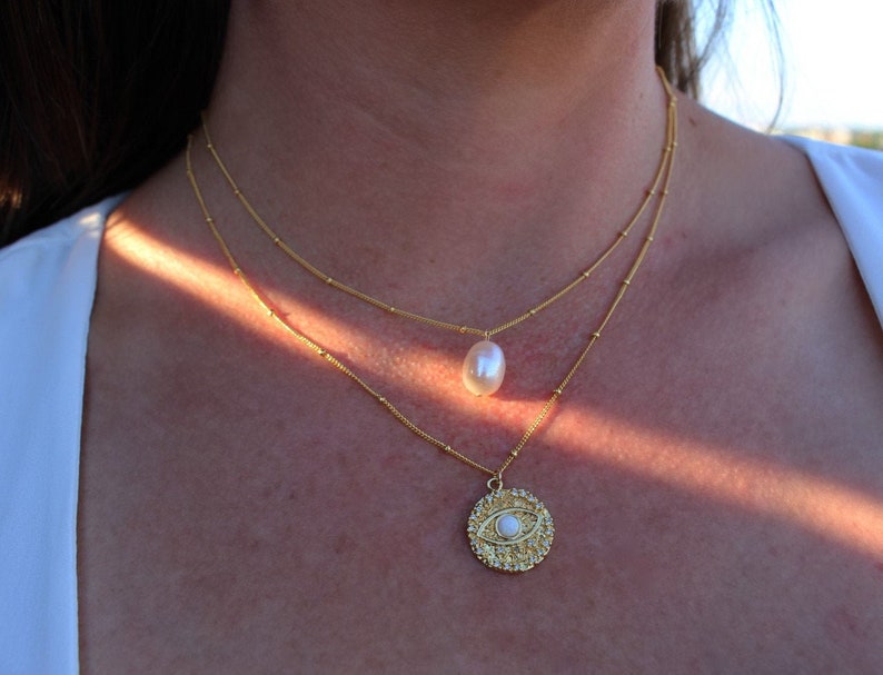 Satellite Chain Necklace Gift for Her Gold Coin Necklace Layering Necklace Opal Evil Eye Necklace CZ Necklace Gold Medallion Necklace