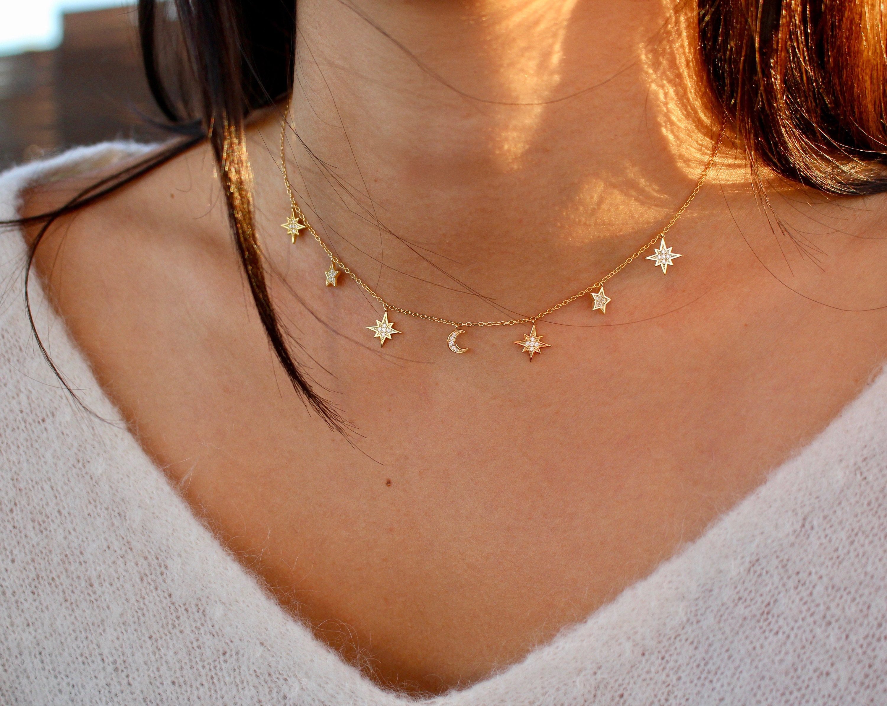  Anglacesmade Layered Choker Necklace Star and Moon Necklace  Rhinestone Star Moon Charm Pendant Necklace Bohemia Jewelry for Women and  Girls(Gold) : Clothing, Shoes & Jewelry