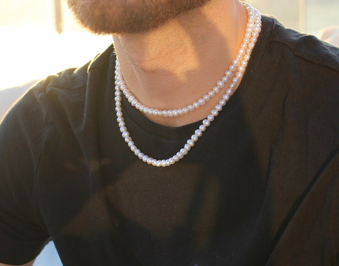 Men's Pearl Necklace, 6mm Genuine Freshwater Pearl Necklace, 925
