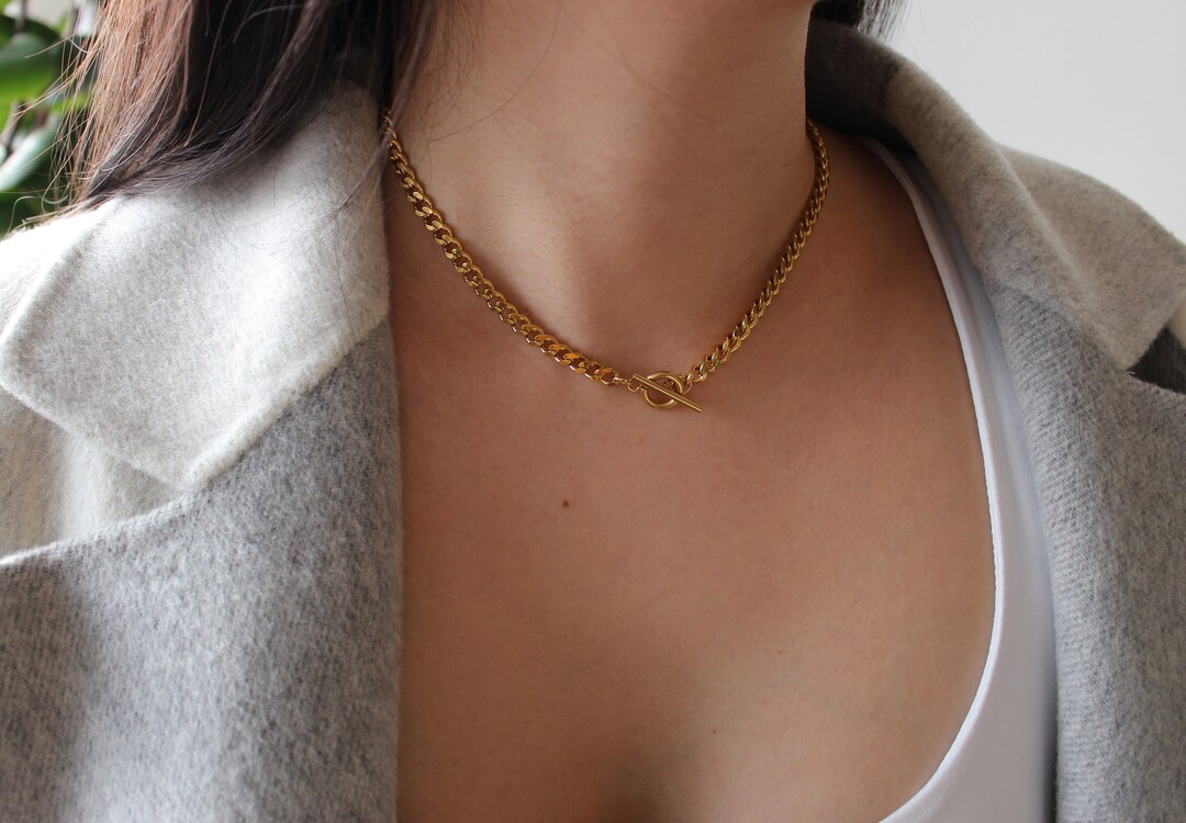 Toggle Clasp Necklace, Gold Toggle Necklace, Cuban Chain Necklace, Curb ...