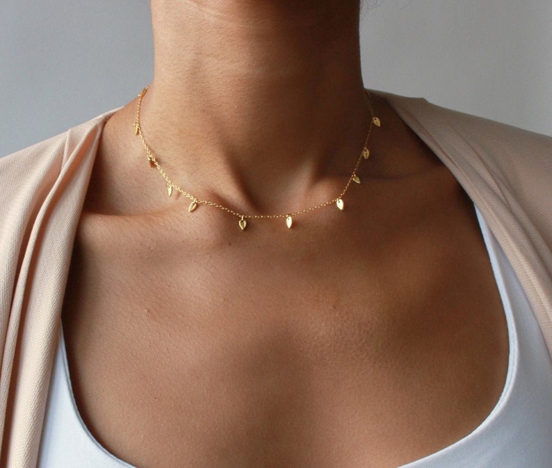 Dainty Gold Choker, Gold Leaf Dangle Choker, Choker Necklace, Gold Vermeil Dainty Choker, Dainty Drop Choker, Gift For Her, Bridesmaid Gift image 1