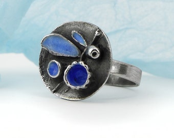 Silver ring, small flower branch in blue