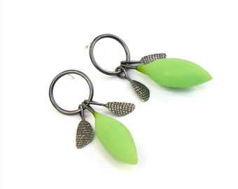 unusual earrings in an organic design, silver patinated with green