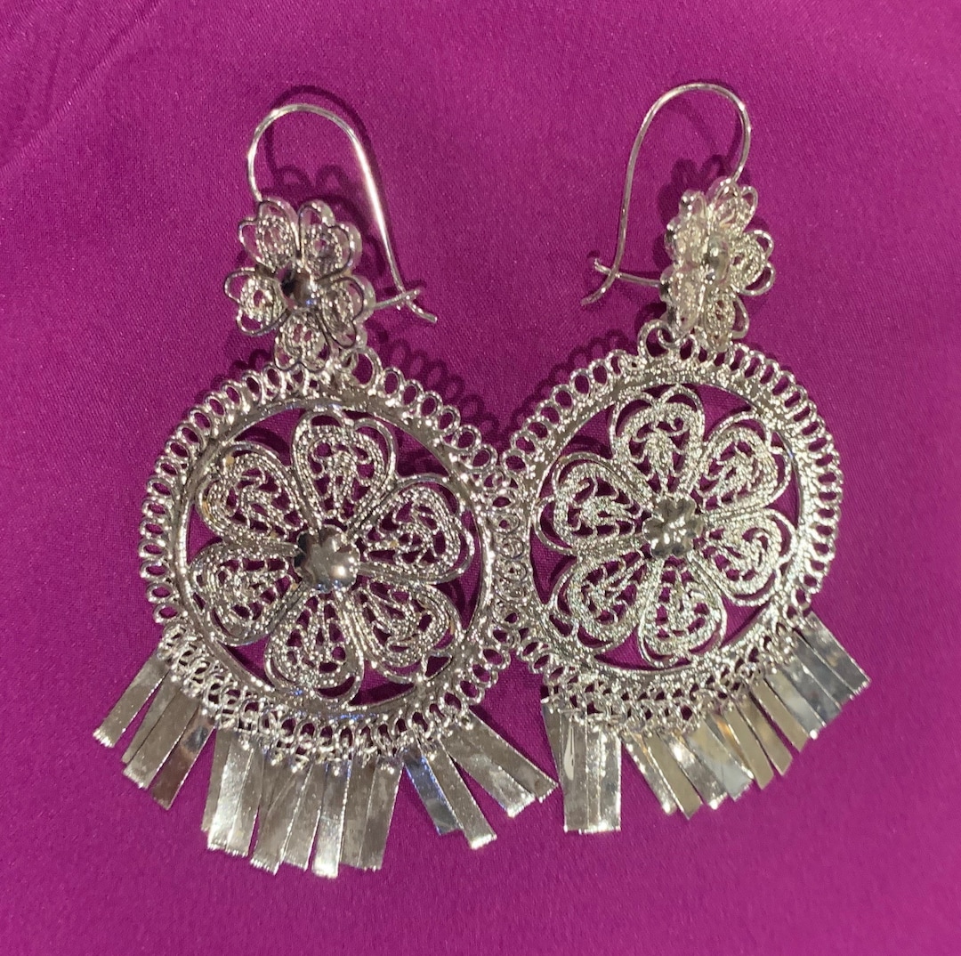 Silver Medium Mexican Folklorico Filigree Round Earrings Handmade