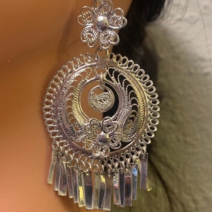Silver Mexican Folklorico Filigree Con Flor Medium Earrings Handmade Oaxaca