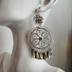 Silver Medium Mexican Folklorico Filigree Round Earrings Handmade Oaxaca