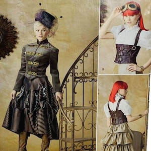 May include: A sewing pattern for a steampunk-inspired outfit. The pattern includes a jacket, skirt, and corset. The model is wearing a brown jacket with gold accents, a striped skirt, and a brown corset. The pattern is available in sizes 12-20.