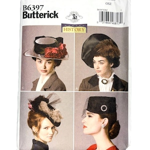 May include: Butterick sewing pattern B6397 for four different hat styles. The package displays images of hats including a wide-brimmed hat with red flowers, a large black hat, a feathered headpiece with netting, and a structured pillbox hat with a veil.