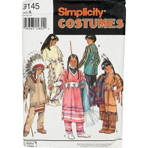 May include: A Simplicity 9145 sewing pattern envelope for children's costumes in size A. The front features illustrations of five children wearing various outfits with fringe, feathers, and patterned trim, labeled with letters A through E.