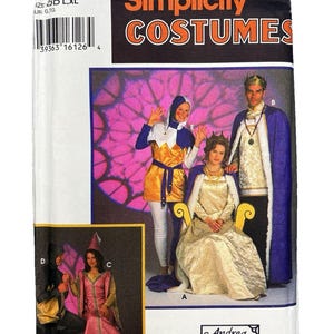 May include: Simplicity Costumes sewing pattern 9229 featuring designs for medieval-style outfits. The package displays a jester costume, a royal gown with a cape, and a king's tunic with a long cape, all labeled with letters A through E for reference.