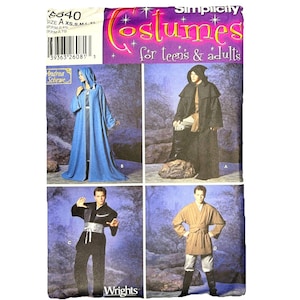 May include: A Simplicity sewing pattern envelope for costumes for teens and adults, number 5840. The package displays four costume variations: a blue hooded robe, a black hooded cloak, a black outfit with a wide belt, and a tan tunic with pants.