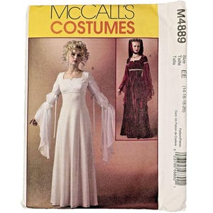 May include: McCall's Costumes sewing pattern M4889 for size EE (14-16-18-20). The envelope features illustrations of two floor-length gowns with square necklines and long, flowing sleeves. One gown is white, and the other is a dark, textured fabric.