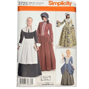 May include: Simplicity sewing pattern 3723, size R5 14, 16, 18, 20, 22. The envelope displays four historical costume designs: a black and white colonial outfit, a red floral long-sleeved dress, a yellow floral gown, and a blue and gray period dress.
