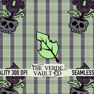 Poison Garden damier sans couture motif 300 DPI PNG téléchargement numérique papier vinyle tissu Design crâne vert violet Flytrap