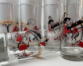RARE Set of 6 Vintage MCM Picnic Scene BBQ High Ball Glasses