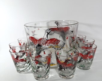 Vintage MCM Hazel-Atlas Pheasant Ice Bucket and Shot Glass Set