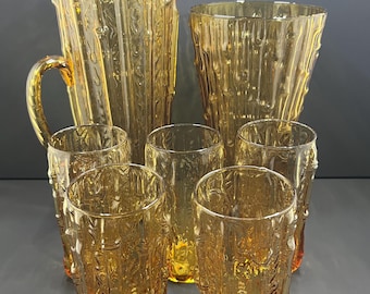 Anchor Hocking Tahiti Bamboo Honey Gold Glass: XL Pitcher, 5 Glasses, XL Vase