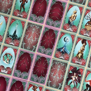 May include: A set of tarot cards with colourful illustrations and intricate designs. The cards feature a variety of characters and symbols, including a woman with long hair, a man with a crown, and a moon.