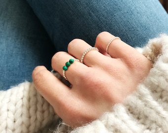 Sterling silver Ring with Malachite beads / Ring for her / Summer Ring