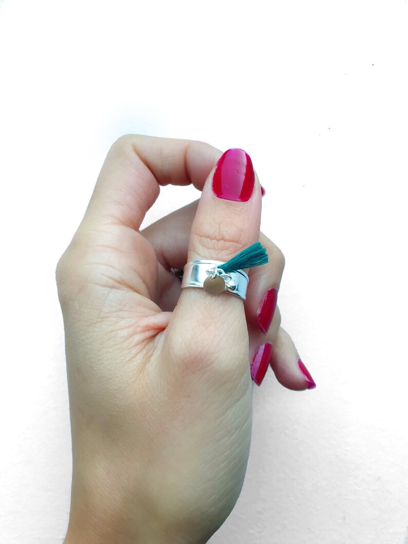 Original and adjustable sterling silver ring with a mini mustard tassel and charms Ring for her Christmas gift
