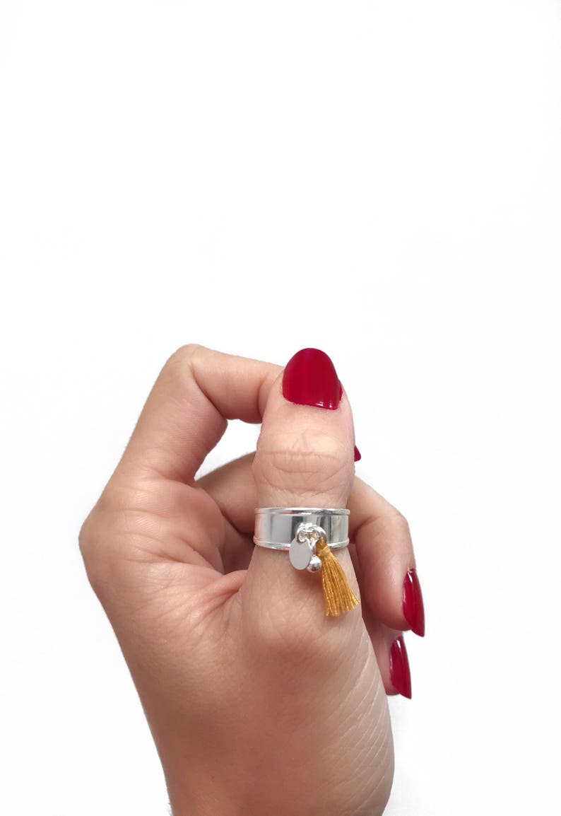 Original and adjustable sterling silver ring with a mini mustard tassel and charms Ring for her Christmas gift