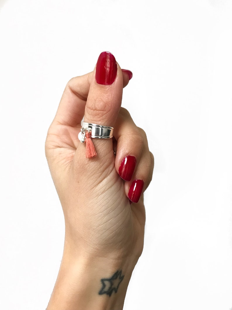 Original and adjustable sterling silver ring with a mini mustard tassel and charms Ring for her Christmas gift