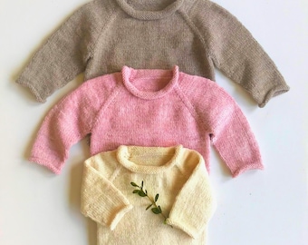 Top Down Roll Raglan Child Sweater Knitting Pattern, Kids Vintage Style jumper (PDF Pattern)