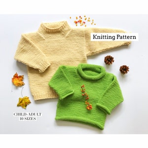 Op de afbeelding: Twee gebreide truien, één lichtgeel en één felgroen, worden getoond op een wit oppervlak. De truien hebben een coltrui-ontwerp. De tekst "Knitting Pattern" en "CHILD-ADULT 10 SIZES" zijn zichtbaar.