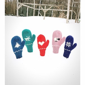 May include: Five pairs of knitted mittens with different winter-themed designs. The mittens are in various colors, including teal, blue, red, pink, and navy blue. Each mitten features a different design, such as a reindeer, a heart, a sheep, a snowflake, and a Christmas tree.
