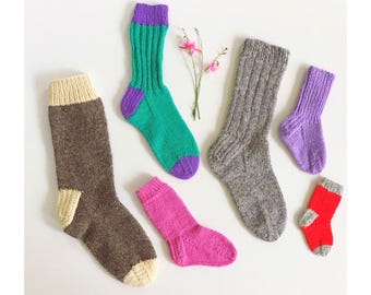 Knit Socks Pattern, Baby, Child, Adult,  Family Sizes, Fingering Sport worsted Yarn Weights, DPN topdown socks (PDF Pattern)