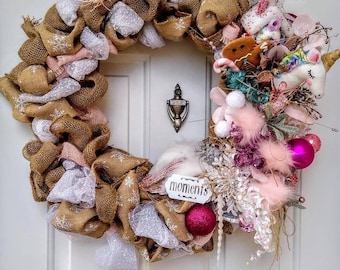 Whimsical pink Christmas Door Decor, one of a kind, pink christmas,holiday door wreath .  Unique pink, Silver door wreath, one if a kind 26"