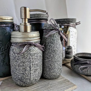 Modern Stone textured gray Mason Jar Vanity set,Limited edition, bathroom accessory set,make up holder gifts, Industrial Decor housewarming image 6