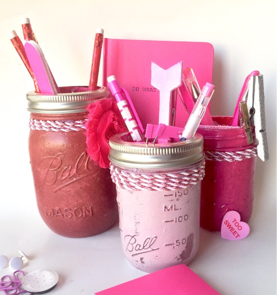 Mason Jar Desk Accessories For Women Pink Red Cute Office Etsy