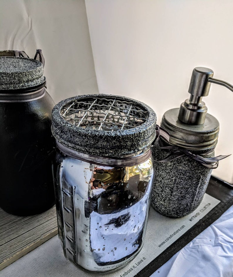 Modern Stone textured gray Mason Jar Vanity set,Limited edition, bathroom accessory set,make up holder gifts, Industrial Decor housewarming image 3