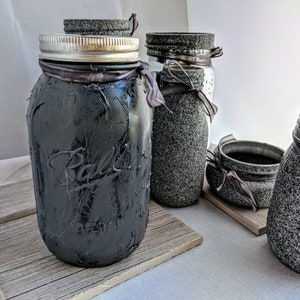 Modern Stone textured gray Mason Jar Vanity set,Limited edition, bathroom accessory set,make up holder gifts, Industrial Decor housewarming image 2