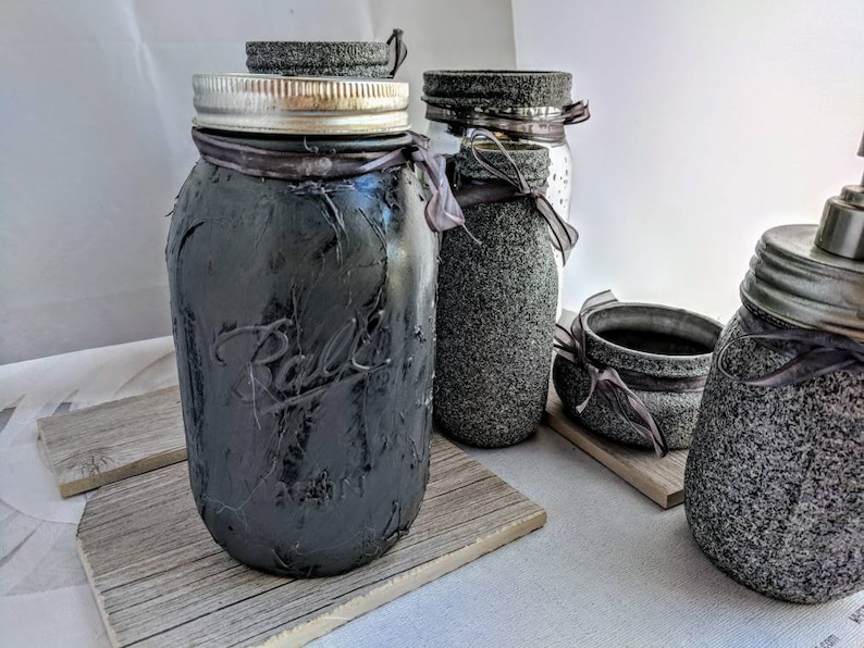 Modern Stone textured gray Mason Jar Vanity set,Limited edition, bathroom accessory set,make up holder gifts, Industrial Decor housewarming image 2