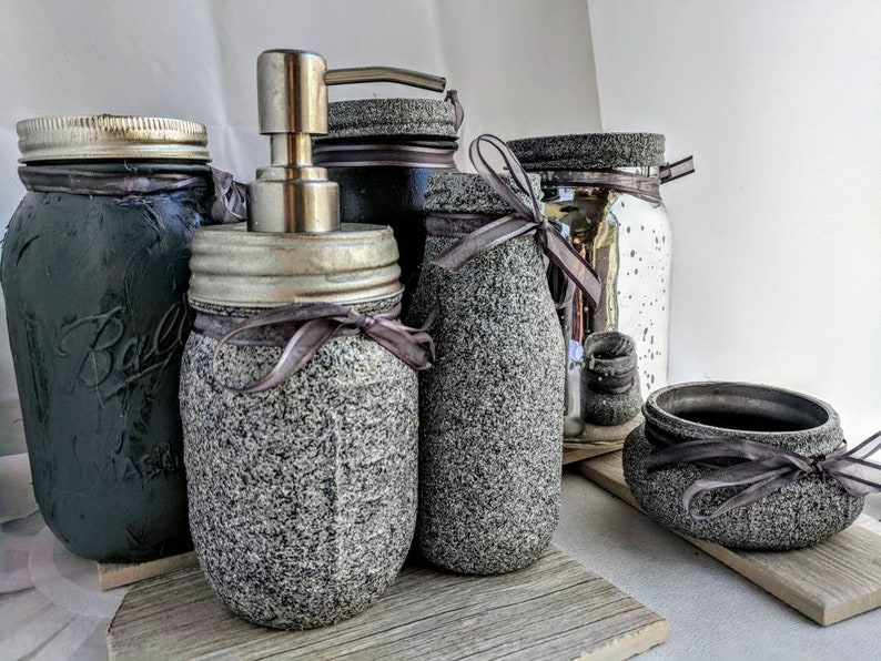 Modern Stone textured gray Mason Jar Vanity set,Limited edition, bathroom accessory set,make up holder gifts, Industrial Decor housewarming image 9