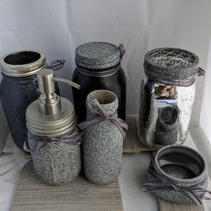 Modern Stone textured gray Mason Jar Vanity set,Limited edition, bathroom accessory set,make up holder gifts, Industrial Decor housewarming image 8