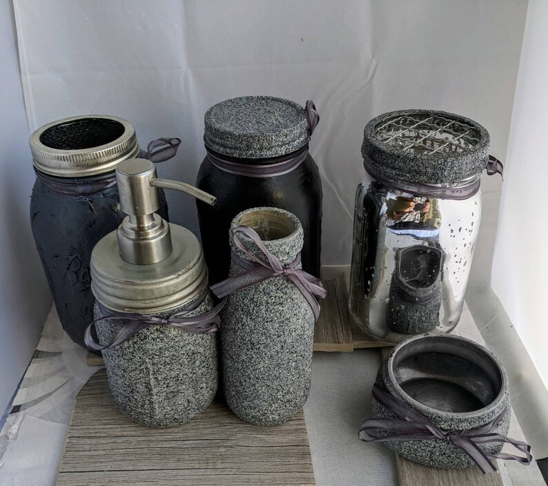 Modern Stone textured gray Mason Jar Vanity set,Limited edition, bathroom accessory set,make up holder gifts, Industrial Decor housewarming image 8