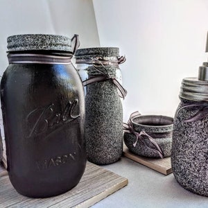 Modern Stone textured gray Mason Jar Vanity set,Limited edition, bathroom accessory set,make up holder gifts, Industrial Decor housewarming image 4