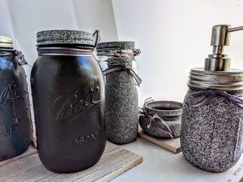 Modern Stone textured gray Mason Jar Vanity set,Limited edition, bathroom accessory set,make up holder gifts, Industrial Decor housewarming image 4